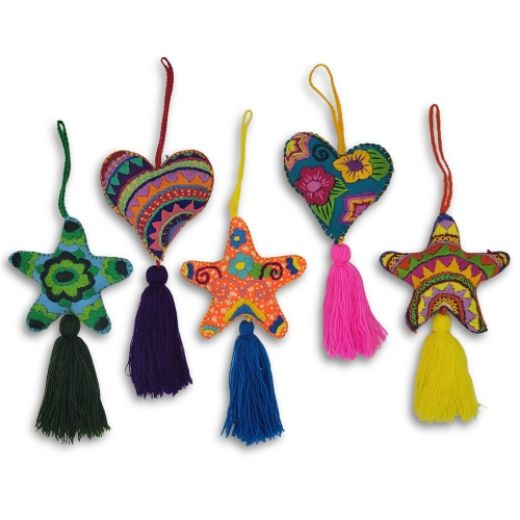 Picture of embroidered stars and hearts ornaments